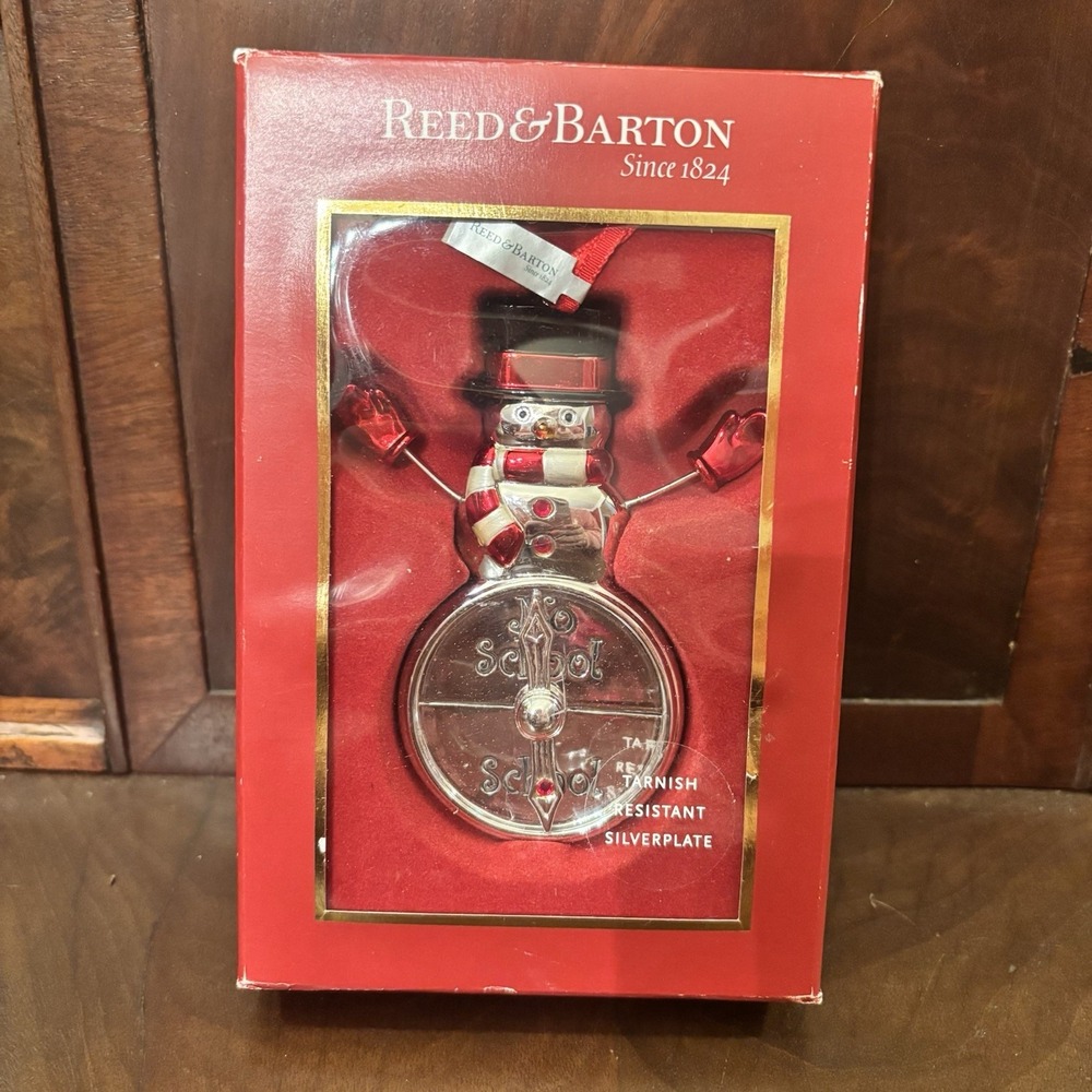Reed & Barton No School Snowman Christmas Ornament Silverplate Red Enamel Boxed
